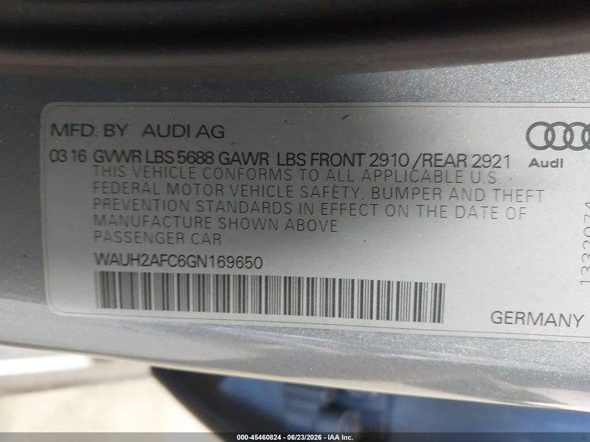 2016 Audi S6 VIN WAUH2AFC6GN169650 IAAI salvage auction — REAR END, Salvage (North Carolina), sold $5,600 on 2026-07-11 (photo 9)