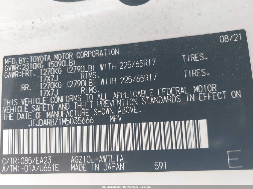2021 Lexus Nx VIN JTJDARBZ1M5035666 IAAI salvage auction — RIGHT SIDE, Salvage Title, sold $10,325 on 2026-07-29 (photo 9)