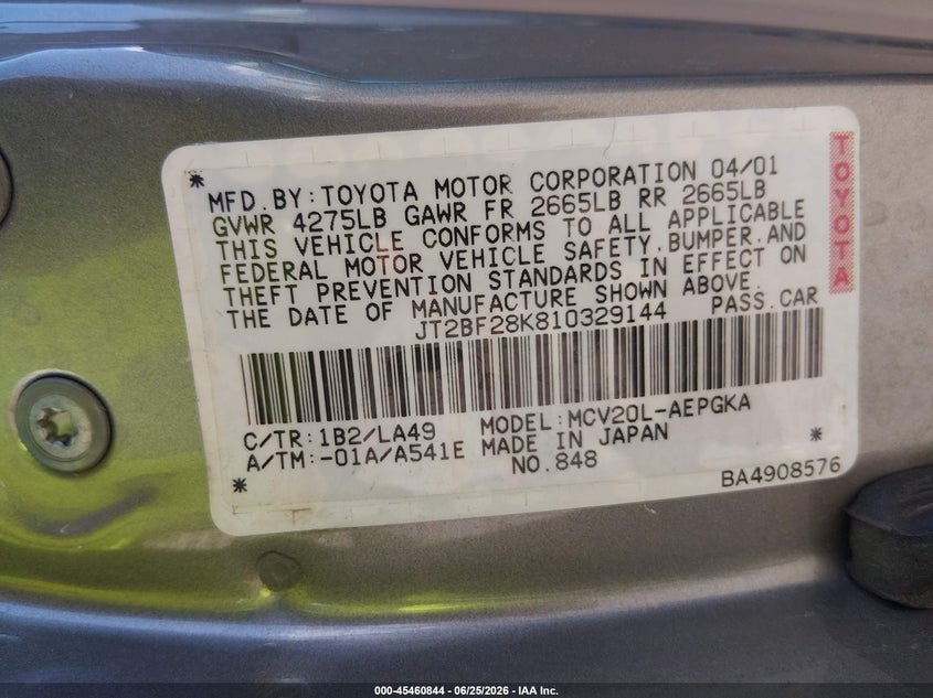 2001 Toyota Camry VIN JT2BF28K810329144 IAAI salvage auction — NORMAL WEAR, Clear (New Mexico), sold $775 on 2026-07-06 (photo 9)