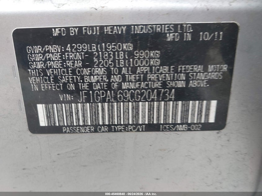 2012 Subaru Impreza VIN JF1GPAL69CG204734 IAAI salvage auction — NORMAL WEAR, Clear (Missouri), sold $1,175 on 2026-07-22 (photo 9)
