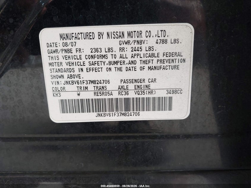 2007 Infiniti G35 VIN JNKBV61F37M824706 IAAI salvage auction — FRONT END, Bill Of Sale (Washington), sold $450 on 2026-07-15 (photo 9)