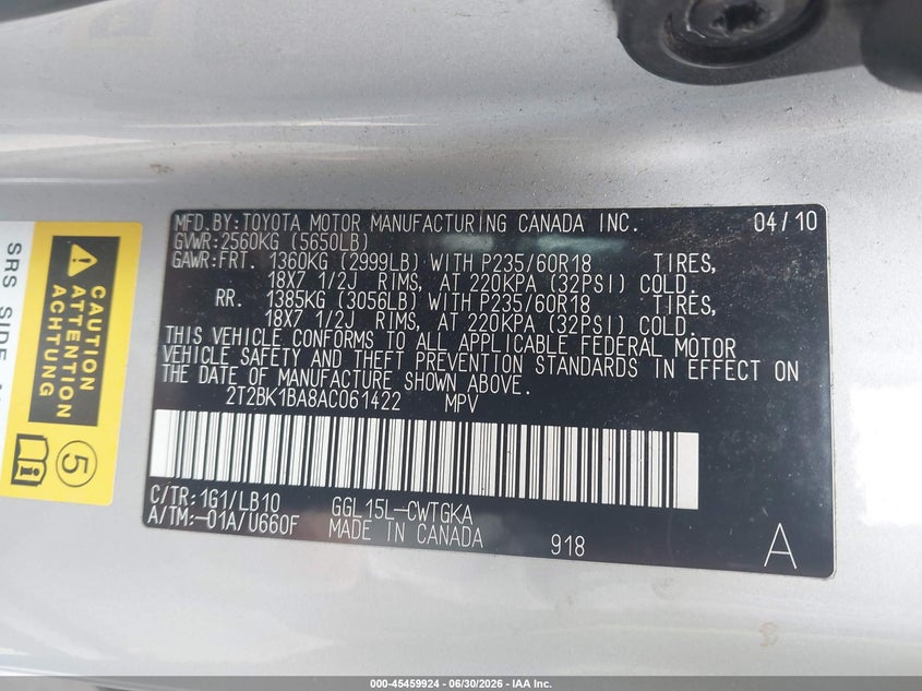 2010 Lexus Rx 350 VIN 2T2BK1BA8AC061422 IAAI salvage auction — NORMAL WEAR, Clear-Dealer Only (Oregon), sold $2,875 on 2026-07-09 (photo 9)