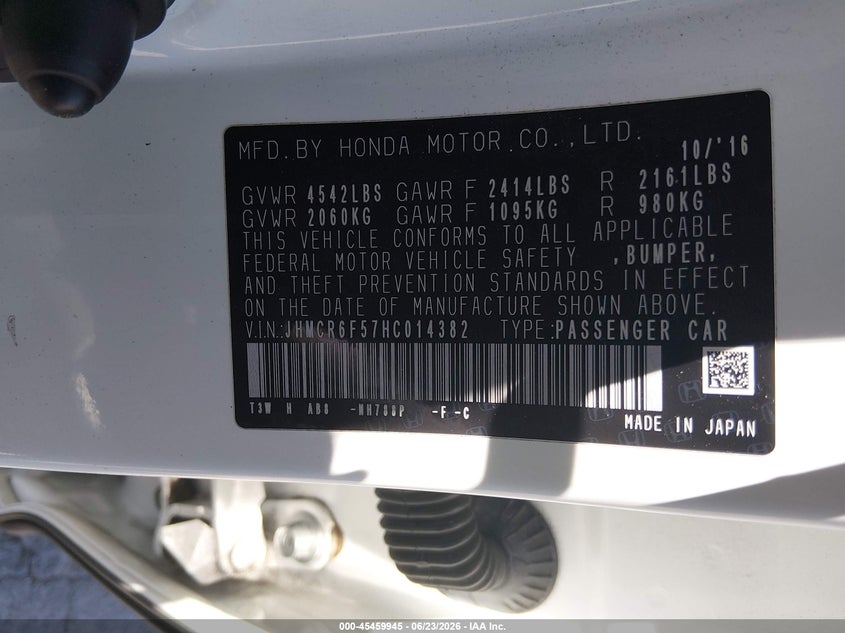 2017 Honda Accord VIN JHMCR6F57HC014382 IAAI salvage auction — FRONT END, Salvage Title, sold $3,575 on 2026-07-29 (photo 9)