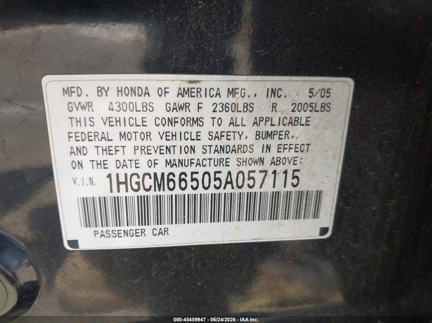 2005 Honda Accord VIN 1HGCM66505A057115 IAAI salvage auction — FRONT END, Salvage (California), sold $350 on 2026-07-18 (photo 9)