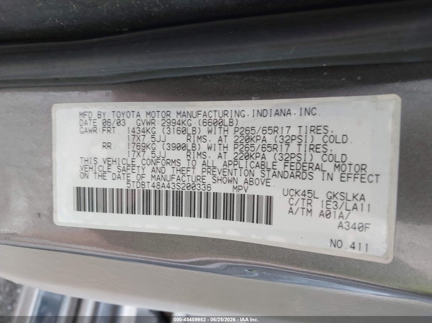 2003 Toyota Sequoia VIN 5TDBT48A43S200336 IAAI salvage auction — HAIL, Salvage (Missouri), sold $1,200 on 2026-07-16 (photo 9)