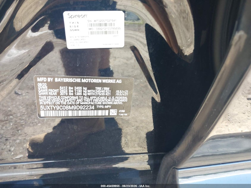 2021 BMW X3 VIN 5UXTY9C08M9D92234 IAAI salvage auction — FRONT END, Salvage Title, sold $6,500 on 2026-07-28 (photo 9)