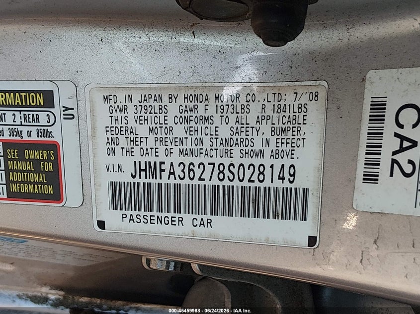 2008 Honda Civic VIN JHMFA36278S028149 IAAI salvage auction — RIGHT FRONT, Bill Of Sale (Washington), sold $2,550 on 2026-07-22 (photo 9)