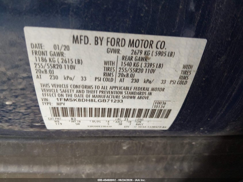 2020 Ford Explorer VIN 1FMSK8DH8LGB71233 IAAI salvage auction — FRONT END, Salvage Title, sold $4,800 on 2026-07-26 (photo 9)