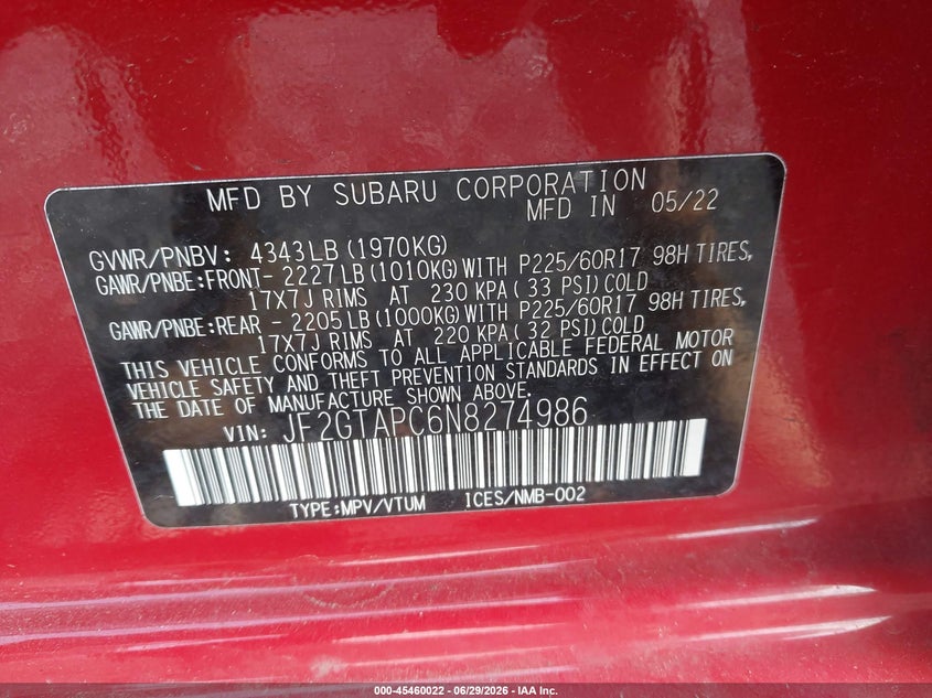 2022 Subaru Xv VIN JF2GTAPC6N8274986 IAAI salvage auction — REAR END, Salvage Title, sold $6,500 on 2026-07-21 (photo 9)
