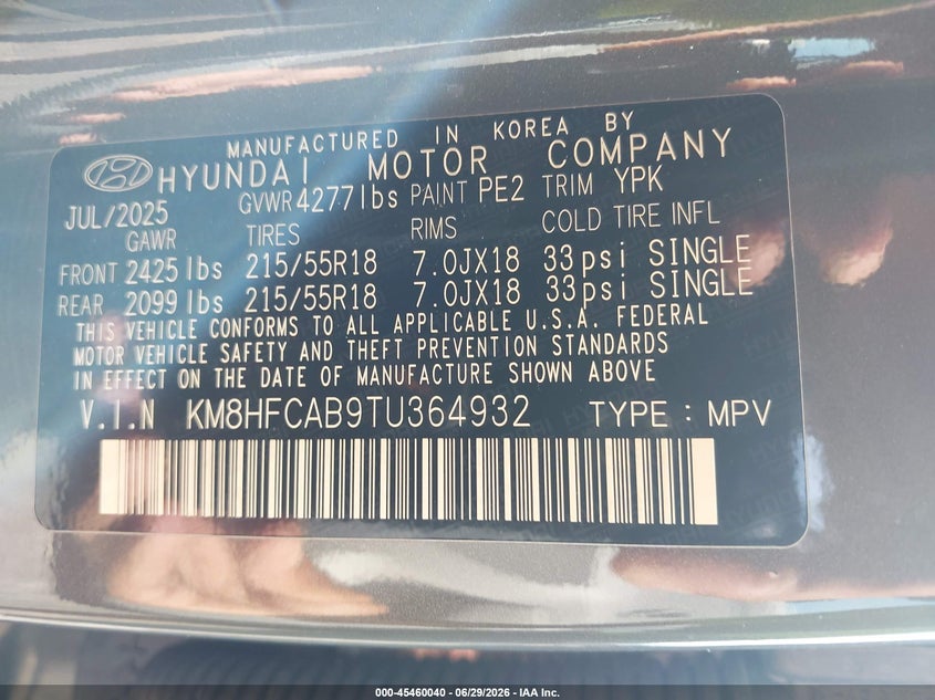 2026 Hyundai Kona VIN KM8HFCAB9TU364932 IAAI salvage auction — REAR END, Salvage Title, sold $6,200 on 2026-08-02 (photo 9)