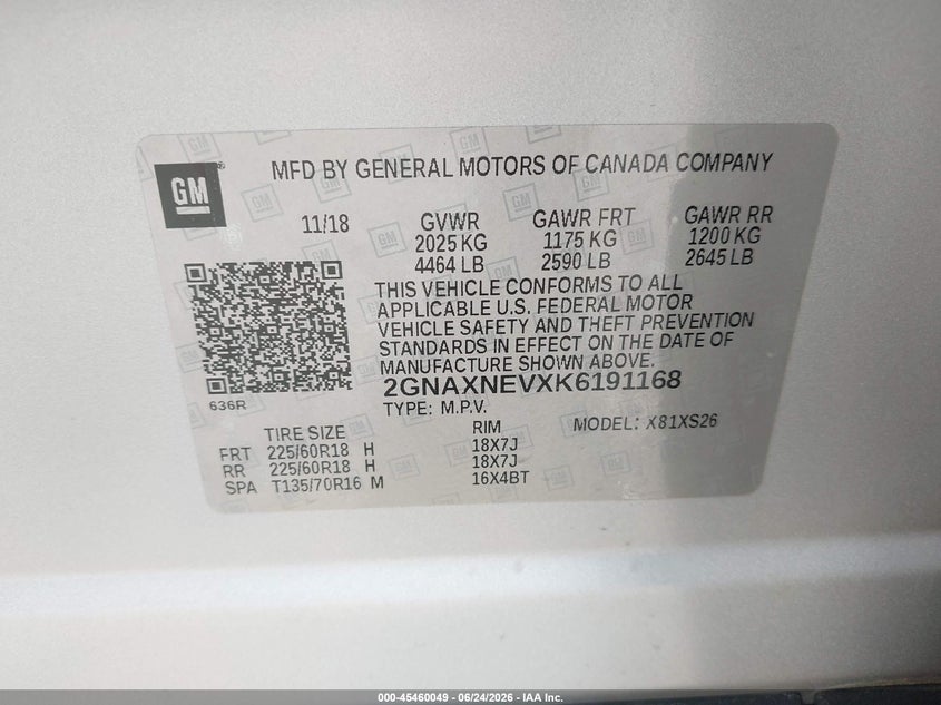 2019 Chevrolet Equinox VIN 2GNAXNEVXK6191168 IAAI salvage auction — RIGHT FRONT, Salvage Title, sold $3,300 on 2026-07-22 (photo 9)