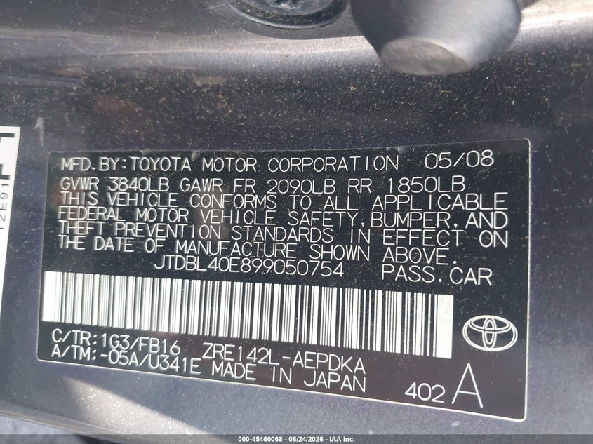 2009 Toyota Corolla VIN JTDBL40E899050754 IAAI salvage auction — REAR END, Clear (New Jersey), sold $1,150 on 2026-07-06 (photo 9)