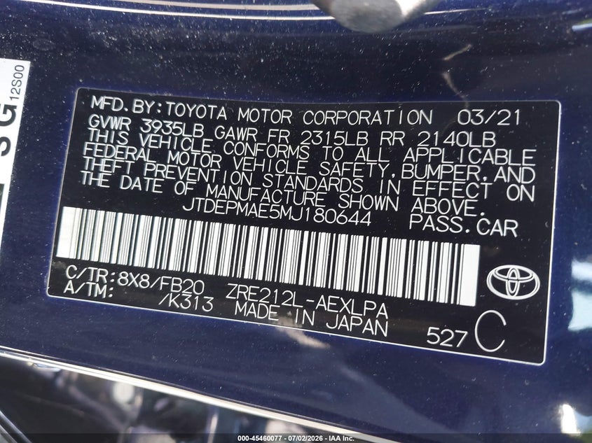 2021 Toyota Corolla VIN JTDEPMAE5MJ180644 IAAI salvage auction — FRONT & REAR, Salvage (California), sold $4,850 on 2026-07-22 (photo 9)
