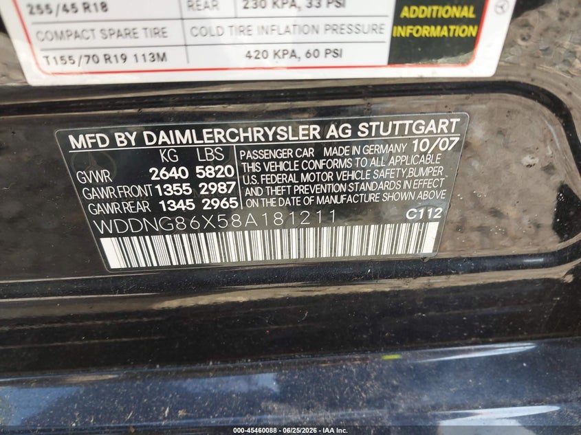 2008 Mercedes-benz S class VIN WDDNG86X58A181211 IAAI salvage auction — HAIL, Salvage (Illinois), sold $550 on 2026-08-18 (photo 9)
