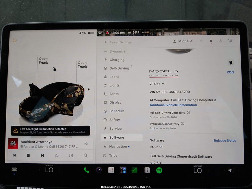 2022 Tesla Model 3 VIN 5YJ3E1EC5NF343290 IAAI salvage auction — FRONT END, Salvage Title, sold $9,350 on 2026-07-30 (photo 7)
