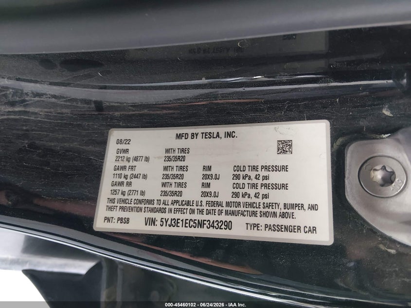 2022 Tesla Model 3 VIN 5YJ3E1EC5NF343290 IAAI salvage auction — FRONT END, Salvage Title, sold $9,350 on 2026-07-30 (photo 9)