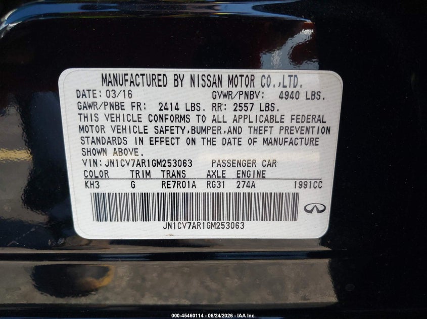 2016 Infiniti Q50 VIN JN1CV7AR1GM253063 IAAI salvage auction — RIGHT SIDE, Rebuildable (Florida), sold $425 on 2026-07-30 (photo 9)