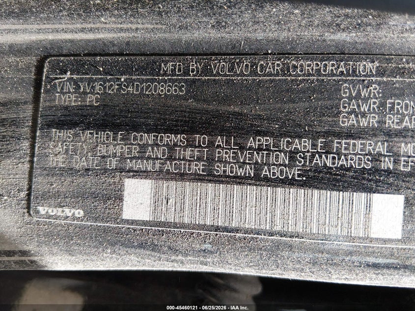 2013 Volvo S60 VIN YV1612FS4D1208663 IAAI salvage auction — HAIL, Salvage (Illinois), sold $225 on 2026-08-18 (photo 9)