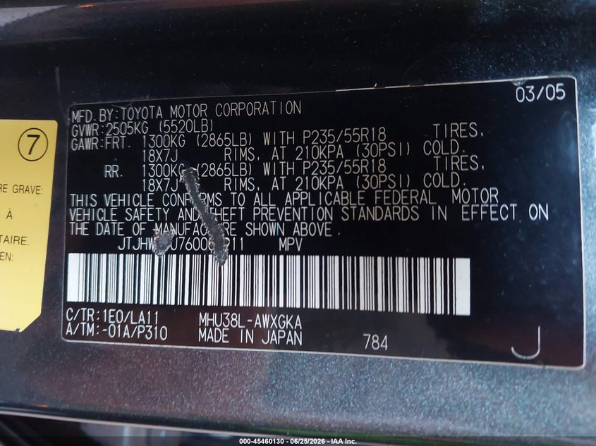 2006 Lexus Rx VIN JTJHW31U760003911 IAAI salvage auction — NORMAL WEAR, Clear - Dealer Only (California), sold $1,100 on 2026-07-07 (photo 9)