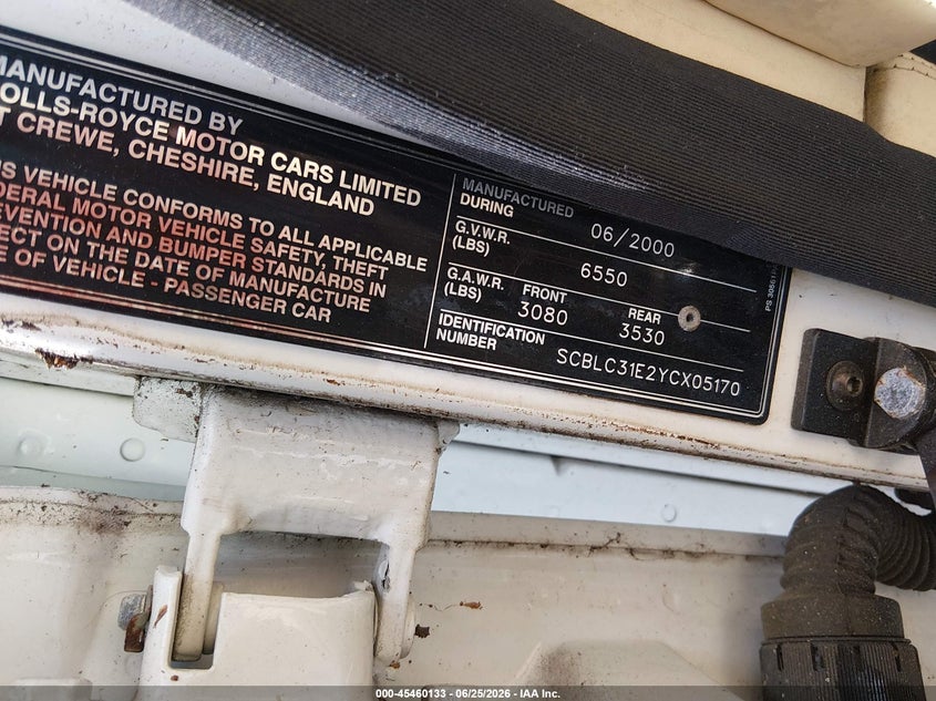 2000 Bentley Arnage VIN SCBLC31E2YCX05170 IAAI salvage auction — NORMAL WEAR, Clear (Alabama), sold $4,500 on 2026-07-30 (photo 9)