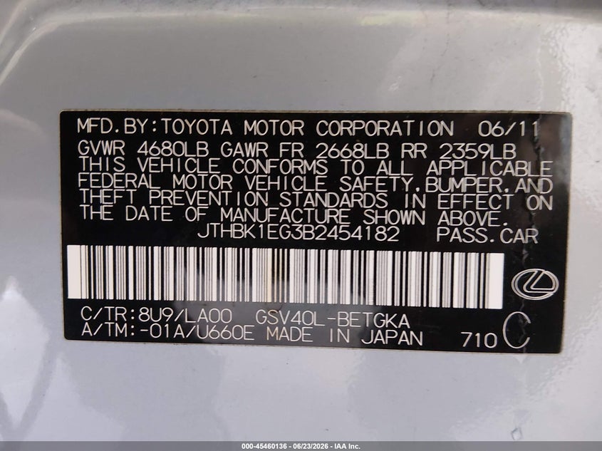 2011 Lexus Es 350 VIN JTHBK1EG3B2454182 IAAI salvage auction — LEFT SIDE, Bill Of Sale (Alaska), sold $3,250 on 2026-07-17 (photo 9)
