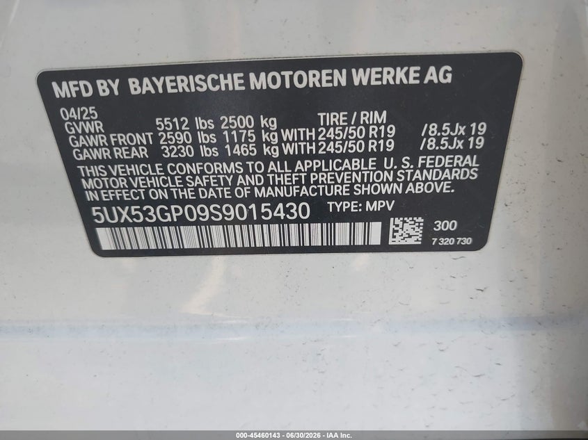 2025 BMW X3 VIN 5UX53GP09S9015430 IAAI salvage auction — FRONT END, Salvage Title, sold $16,900 on 2026-07-26 (photo 9)