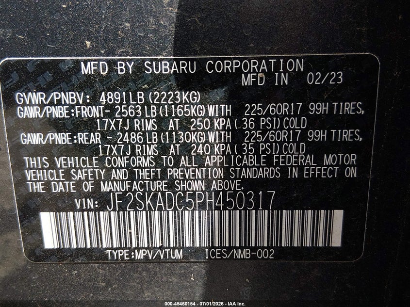 2023 Subaru Forester VIN JF2SKADC5PH450317 IAAI salvage auction — REAR END, Salvage Title, sold $8,500 on 2026-08-26 (photo 9)
