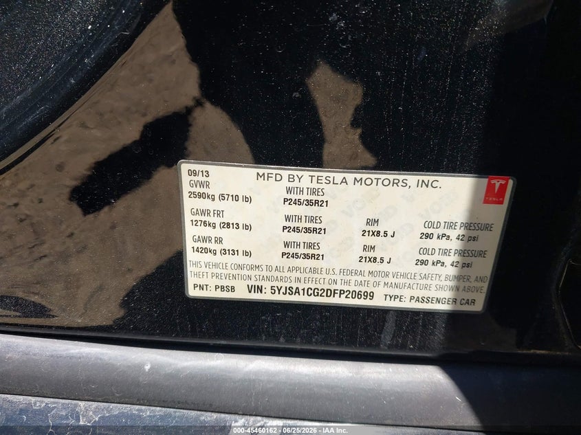2013 Tesla Model s VIN 5YJSA1CG2DFP20699 IAAI salvage auction — FRONT END, Salvage (Arizona), sold $2,450 on 2026-07-20 (photo 9)