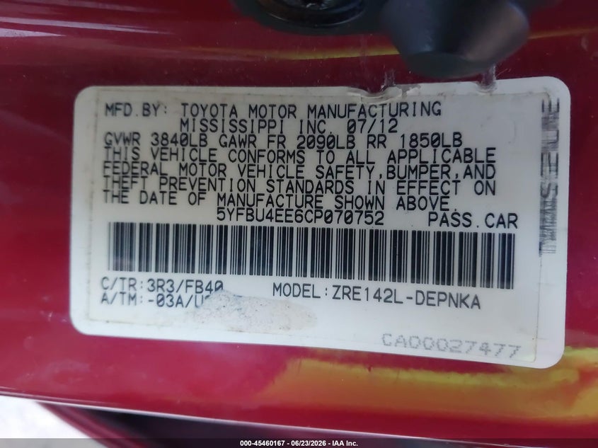 2012 Toyota Corolla VIN 5YFBU4EE6CP070752 IAAI salvage auction — NORMAL WEAR, Clear - Dealer Only (California), sold $1,625 on 2026-07-14 (photo 9)