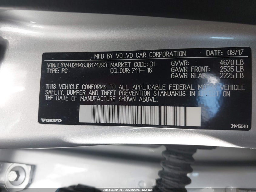 2018 Volvo VIN LYV402HK6JB171293 IAAI salvage auction — FRONT END, Salvage Title, sold $1,750 on 2026-07-23 (photo 9)