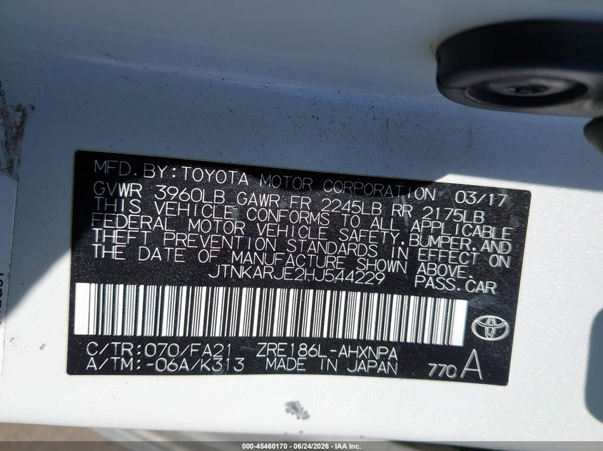2017 Toyota Corolla VIN JTNKARJE2HJ544229 IAAI salvage auction — FRONT & REAR, Salvage (California), sold $2,350 on 2026-07-14 (photo 9)