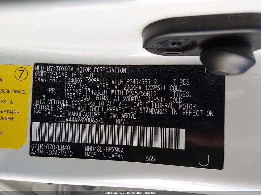 2008 Toyota Highlander hybrid VIN JTEEW44A282006375 IAAI salvage auction — RIGHT FRONT, Salvage (Arizona), sold $1,450 on 2026-07-16 (photo 9)