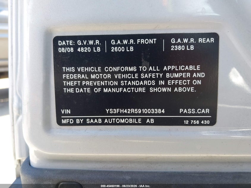 2009 Saab 9-3 VIN YS3FH42R591003384 IAAI salvage auction — REAR END, Salvage (California), sold $325 on 2026-07-23 (photo 9)