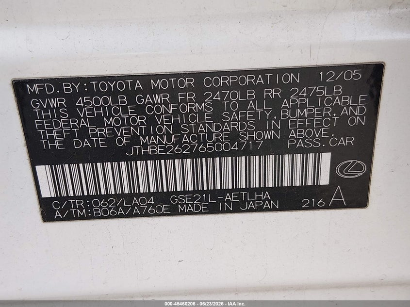 2006 Lexus Is 350 VIN JTHBE262765004717 IAAI salvage auction — NORMAL WEAR, Rebuilt-Non-Public (Washington), sold $400 on 2026-07-29 (photo 9)