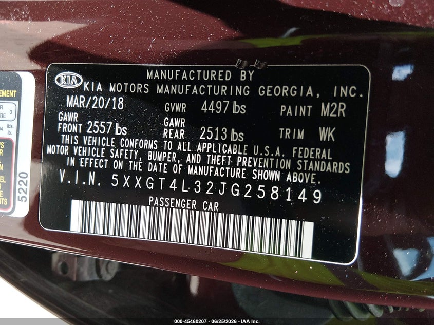 2018 Kia Optima VIN 5XXGT4L32JG258149 IAAI salvage auction — FRONT END, Salvage (Ohio), sold $0 on 2026-09-28 (photo 9)