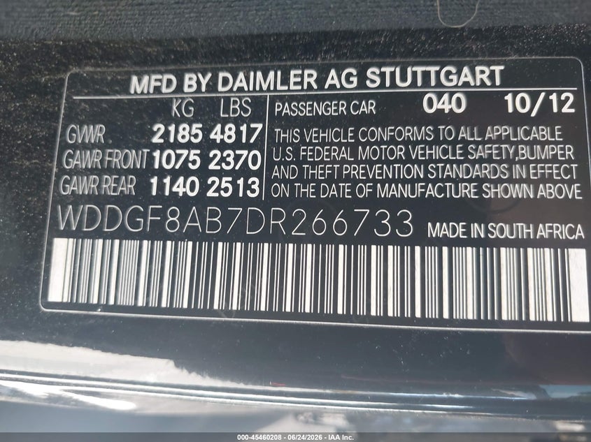 2013 Mercedes-benz C-klasse VIN WDDGF8AB7DR266733 IAAI salvage auction — FRONT END, Salvage (California), sold $1,100 on 2026-07-08 (photo 9)
