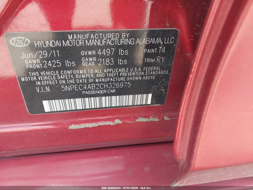 2012 Hyundai Sonata VIN 5NPEC4AB2CH326975 IAAI salvage auction — NORMAL WEAR, Original (Texas), sold $325 on 2026-07-28 (photo 9)