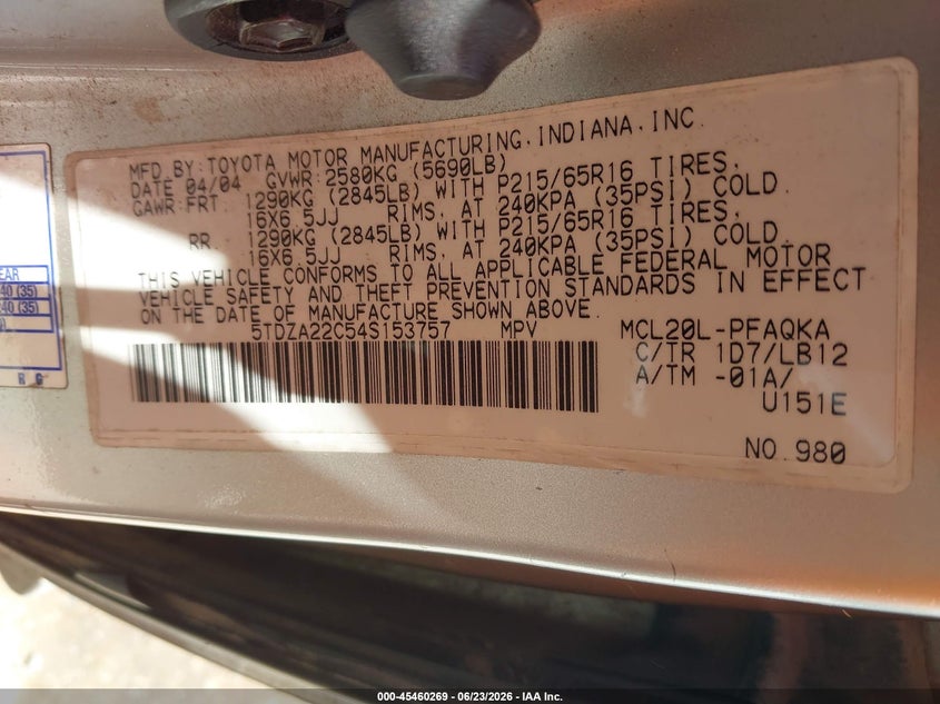 2004 Toyota Sienna VIN 5TDZA22C54S153757 IAAI salvage auction — NORMAL WEAR, Clear (Tennessee), sold $700 on 2026-07-29 (photo 9)