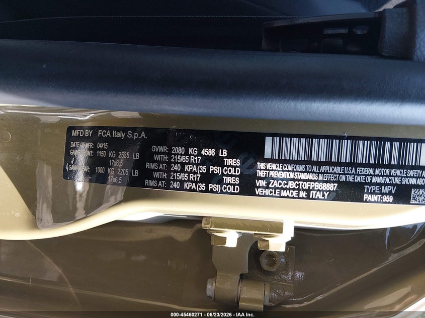 2015 Jeep Renegade VIN ZACCJBCT0FPB68887 IAAI salvage auction — FRONT END, Salvage Title, sold $1,250 on 2026-07-23 (photo 9)