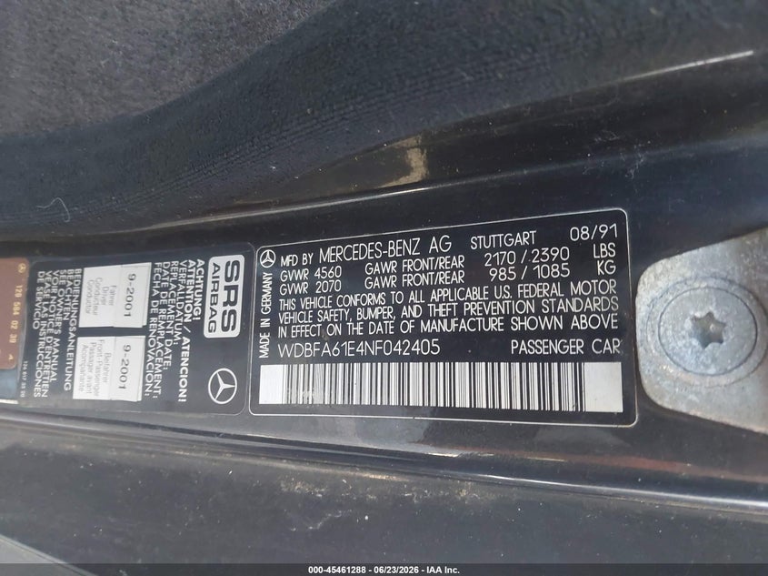 1992 Mercedes-benz 300 VIN WDBFA61E4NF042405 IAAI salvage auction — NORMAL WEAR, Clear - Dealer Only (California), sold $1,050 on 2026-07-30 (photo 9)