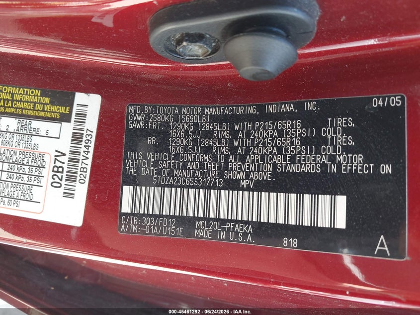 2005 Toyota Sienna VIN 5TDZA23C65S317713 IAAI salvage auction — NORMAL WEAR, Original (New Hampshire), sold $425 on 2026-07-29 (photo 9)