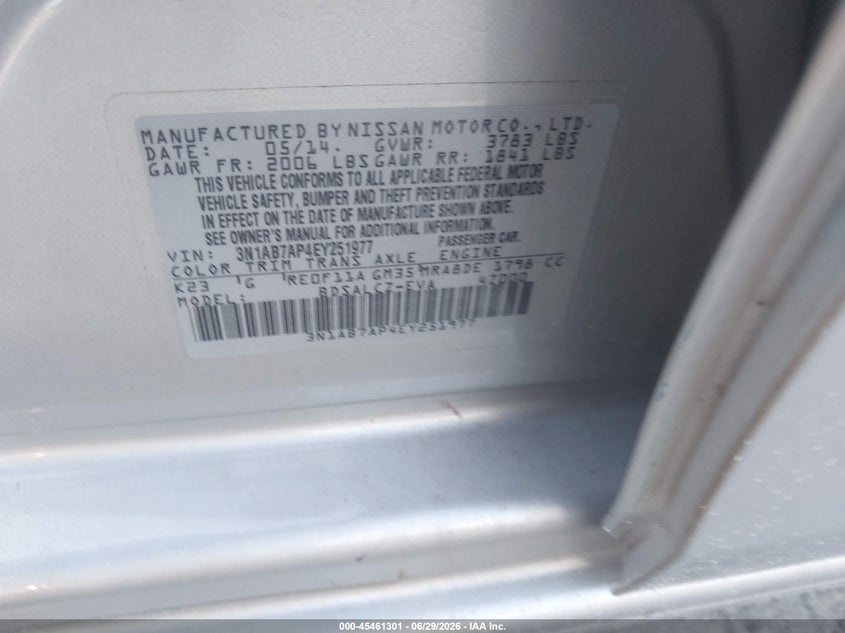 2014 Nissan Sentra VIN 3N1AB7AP4EY251977 IAAI salvage auction — NORMAL WEAR, Clear (Georgia), sold $375 on 2026-07-19 (photo 9)