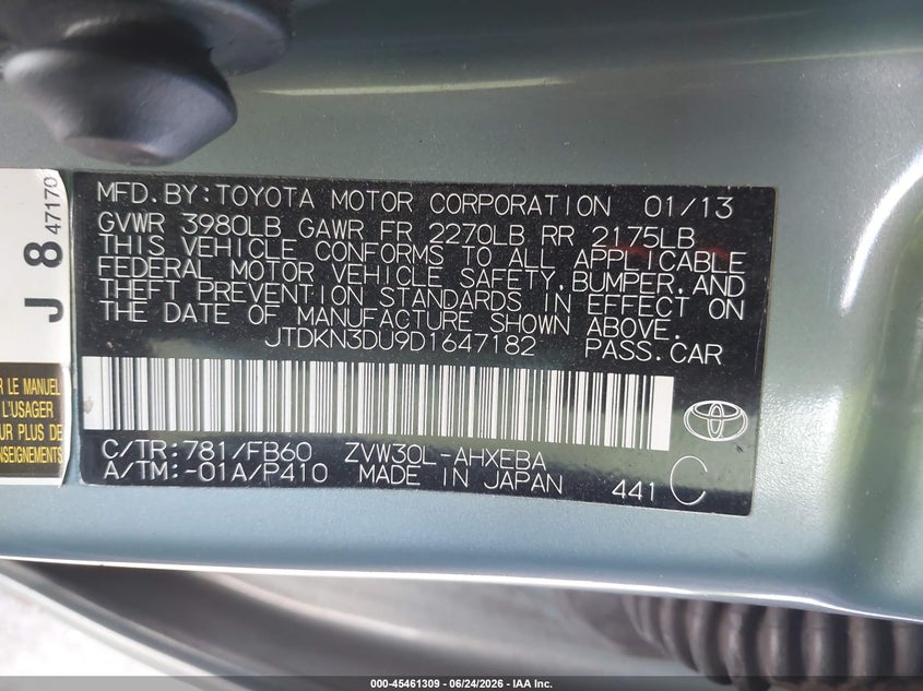 2013 Toyota Prius VIN JTDKN3DU9D1647182 IAAI salvage auction — FRONT END, Salvage (Idaho), sold $1,550 on 2026-07-15 (photo 9)