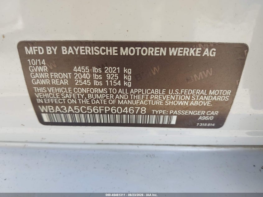 2015 BMW 3er VIN WBA3A5C56FP604678 IAAI salvage auction — FRONT END, Salvage (Georgia), sold $25 on 2026-07-23 (photo 9)