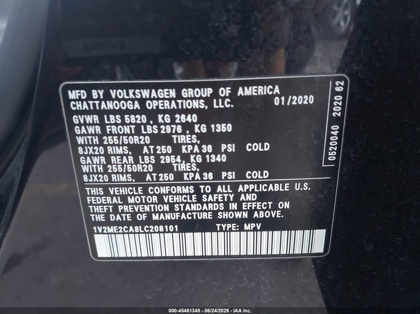 2020 Volkswagen Atlas cross sport VIN 1V2ME2CA8LC208101 IAAI salvage auction — FRONT END, Salvage (Utah), sold $4,000 on 2026-07-10 (photo 9)