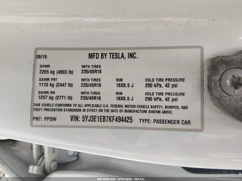 2019 Tesla Model 3 VIN 5YJ3E1EB7KF494425 IAAI salvage auction — RIGHT FRONT, Bill Of Sale (Washington), sold $5,800 on 2026-07-15 (photo 9)