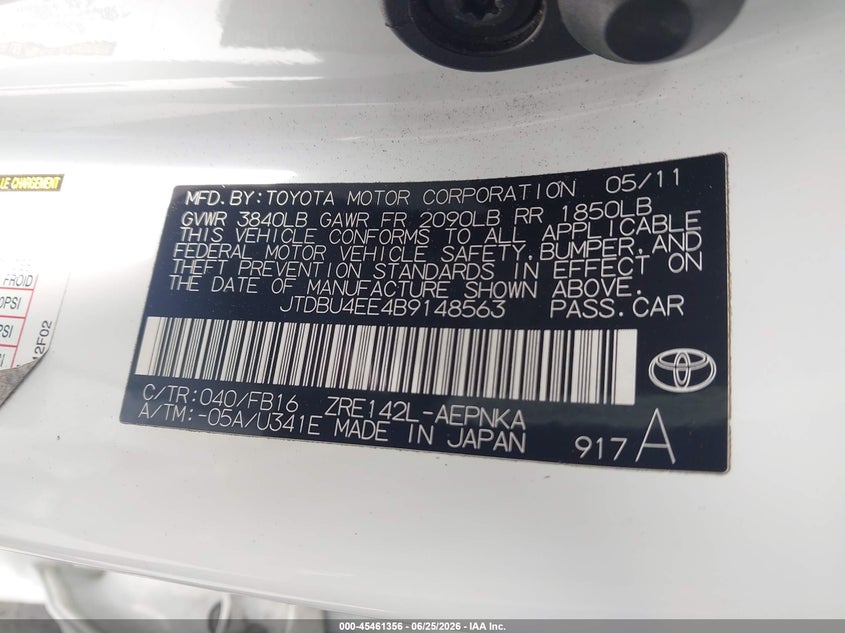 2011 Toyota Corolla VIN JTDBU4EE4B9148563 IAAI salvage auction — REAR END, Salvage (California), sold $1,425 on 2026-07-30 (photo 9)