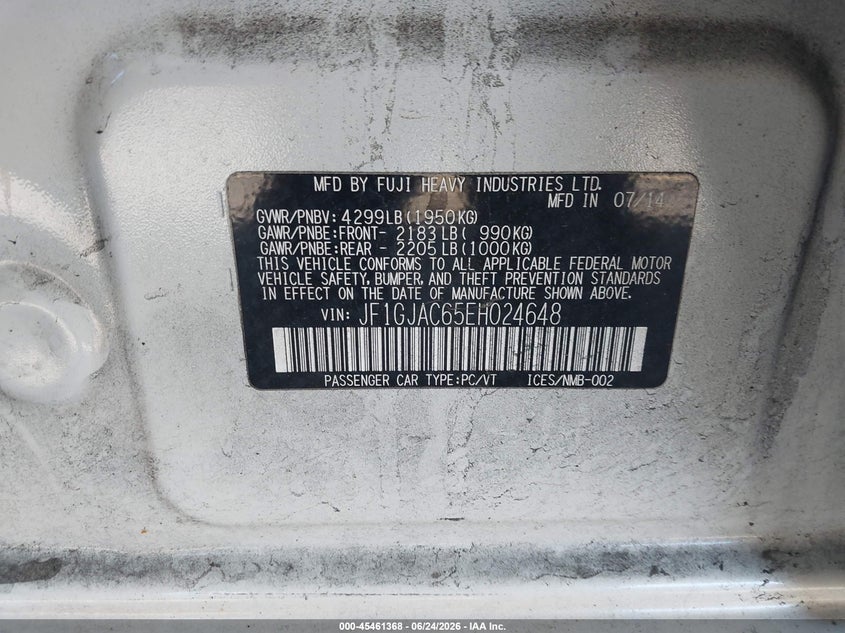 2014 Subaru Impreza VIN JF1GJAC65EH024648 IAAI salvage auction — SIDE, Salvage (Connecticut), sold $500 on 2026-07-30 (photo 9)