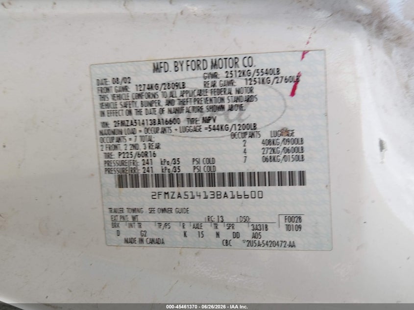2003 Ford Windstar VIN 2FMZA51413BA16600 IAAI salvage auction — NORMAL WEAR, Restored (Arizona), sold $250 on 2026-07-07 (photo 9)