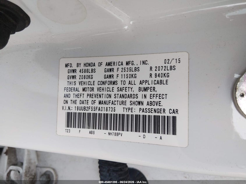 2015 Acura Tlx VIN 19UUB2F55FA018735 IAAI salvage auction — FRONT END, Clear (Arkansas), sold $3,850 on 2026-07-29 (photo 9)